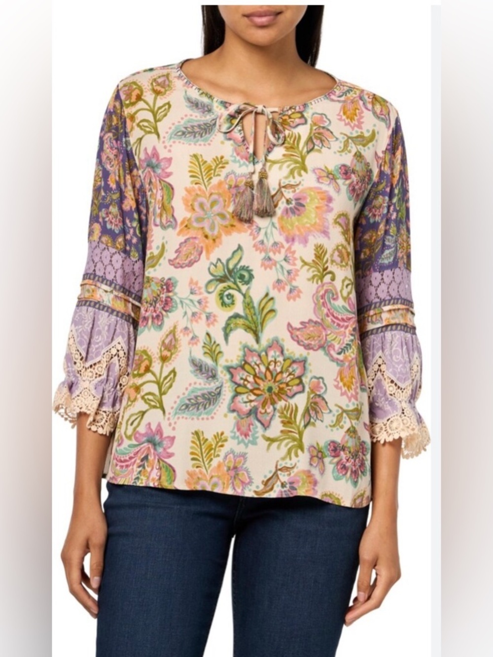 John Mark Floral Embroidered Tie-Neck Peasant Blouse in Cream and Lavender Small